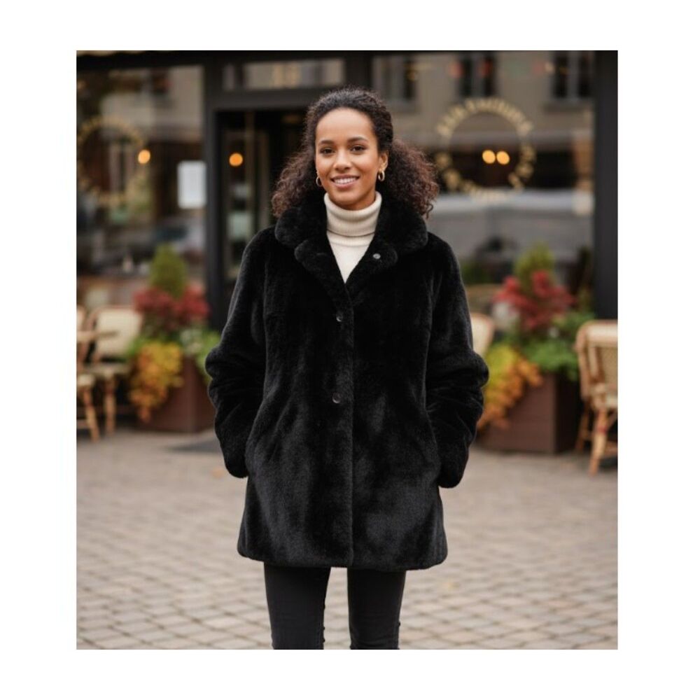 GAP Coat Black Faux Fur Jacket Hooded Vintage Front Pockets Lined Size S/M